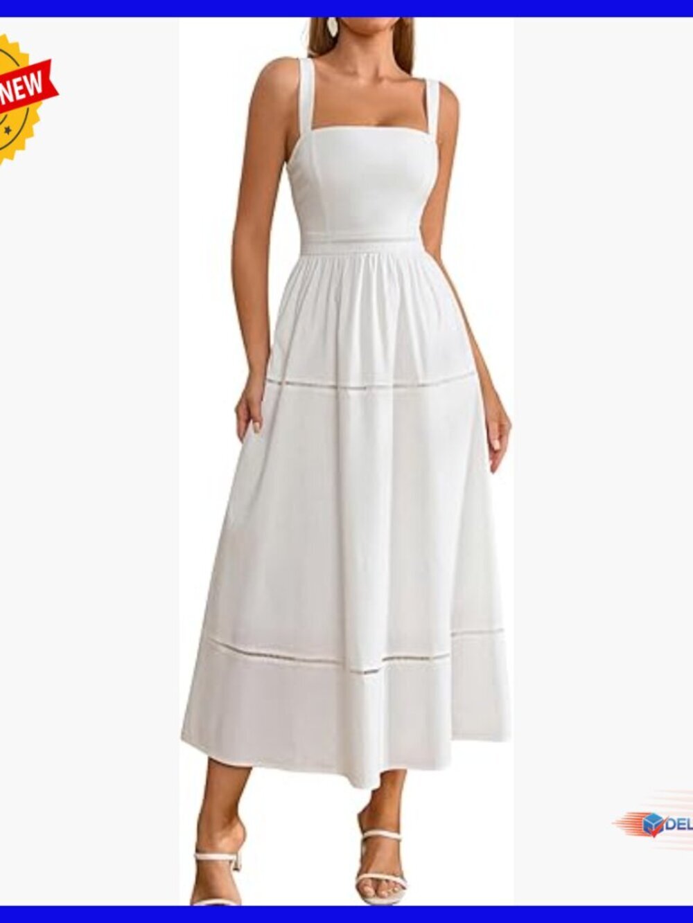 Corset Midi Flowy Summer Dress, Adjustable Straps, Square Neck, Formal